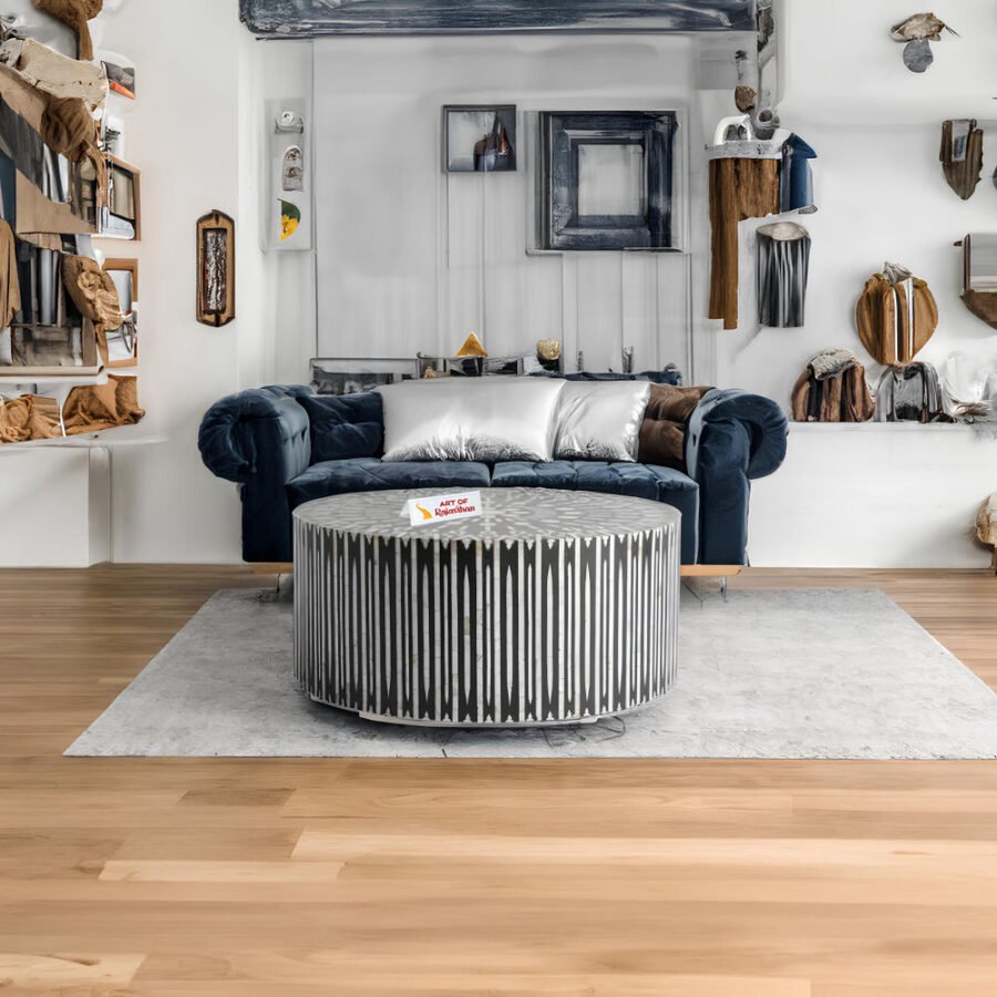 Bone Inlay Round Coffee Table - Black Modern Stripe
