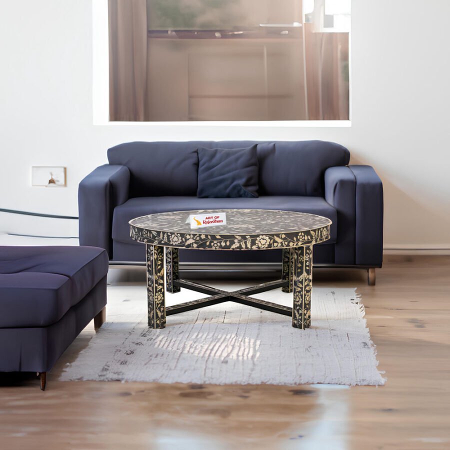 Bone Inlay Round Coffee Table - Black and White Floral