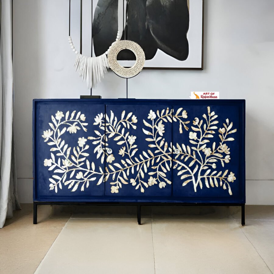 Mother of Pearl Inlay Storage Cabinet - Floral Blue