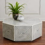 Bone Inlay Hexagon Coffee Table with Metal Base – Grid Stripe
