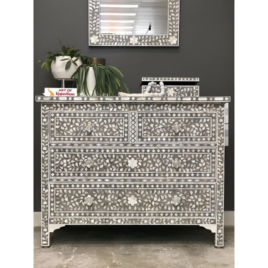 Mother of Pearl Inlay Chest of 4 Drawers - Floral Grey