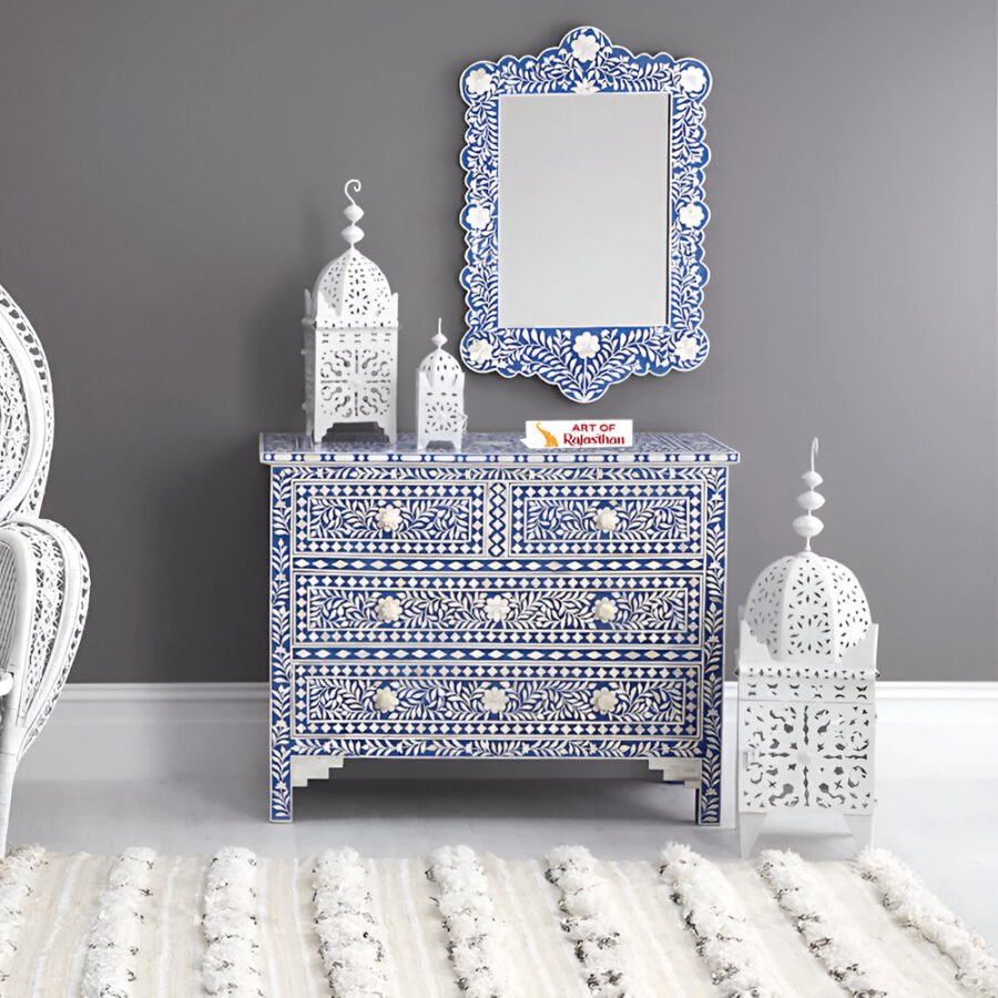 Bone Inlay Chest of 4 Drawers - Floral Blue
