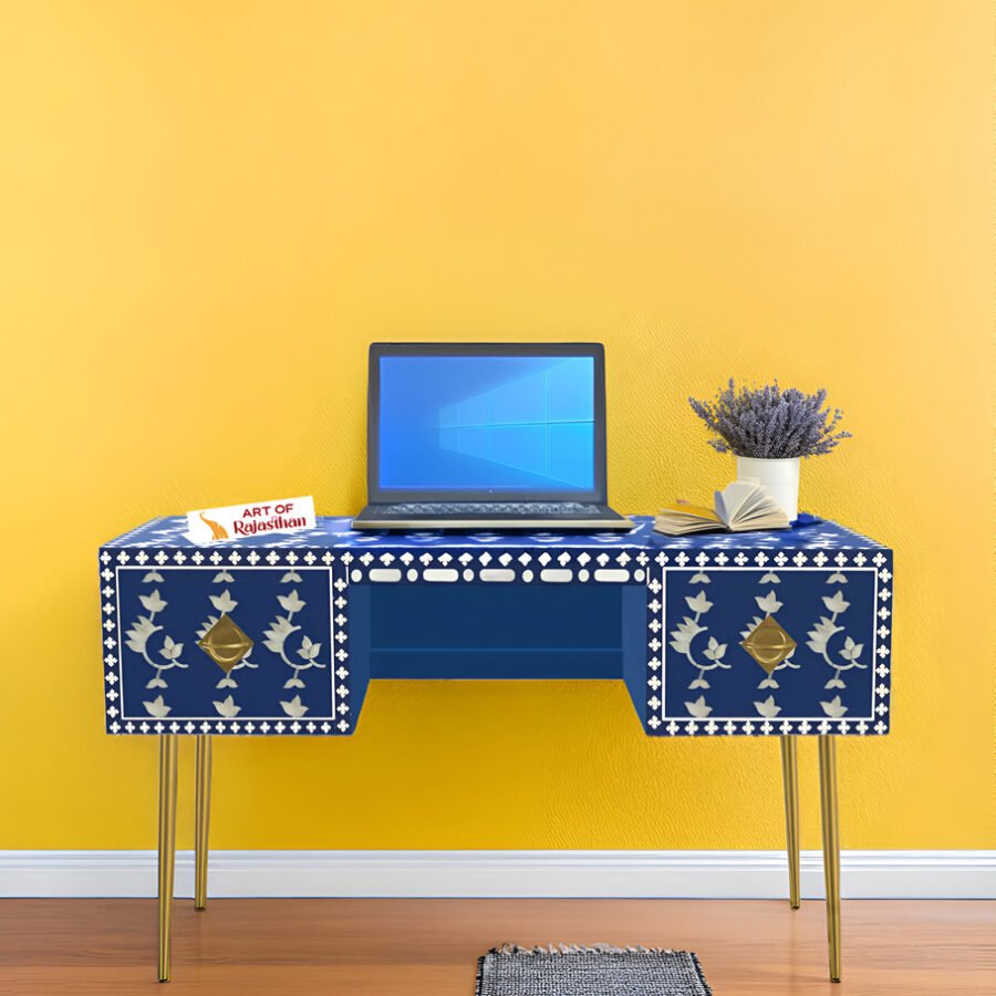 Bone Inlay Study Table/Desk - Overlay Floral Indigo