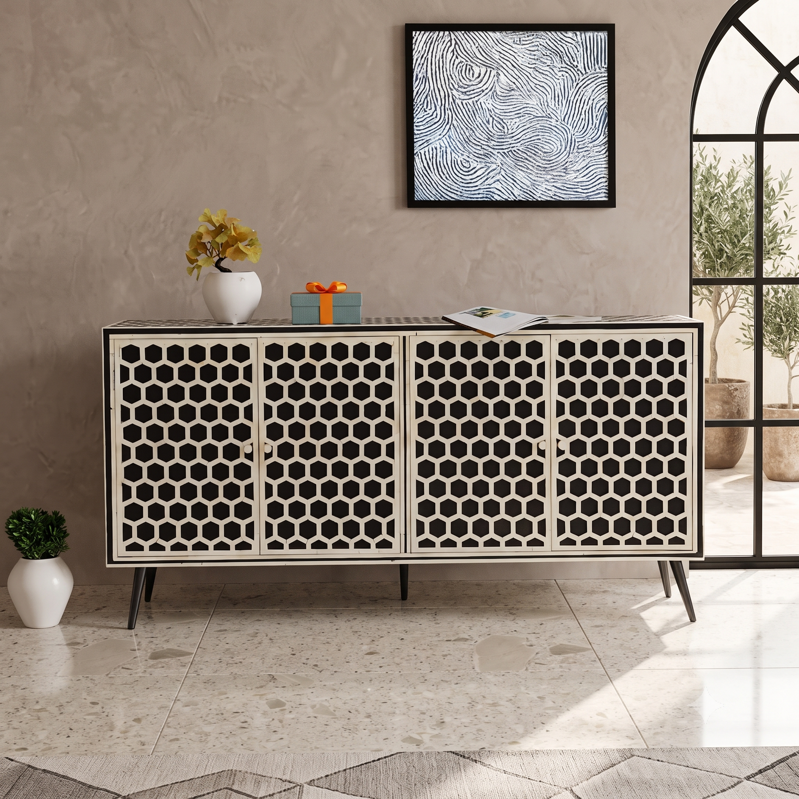 00 (8) Bone Inlay Sideboard - Honeycomb Black & white - Image 1