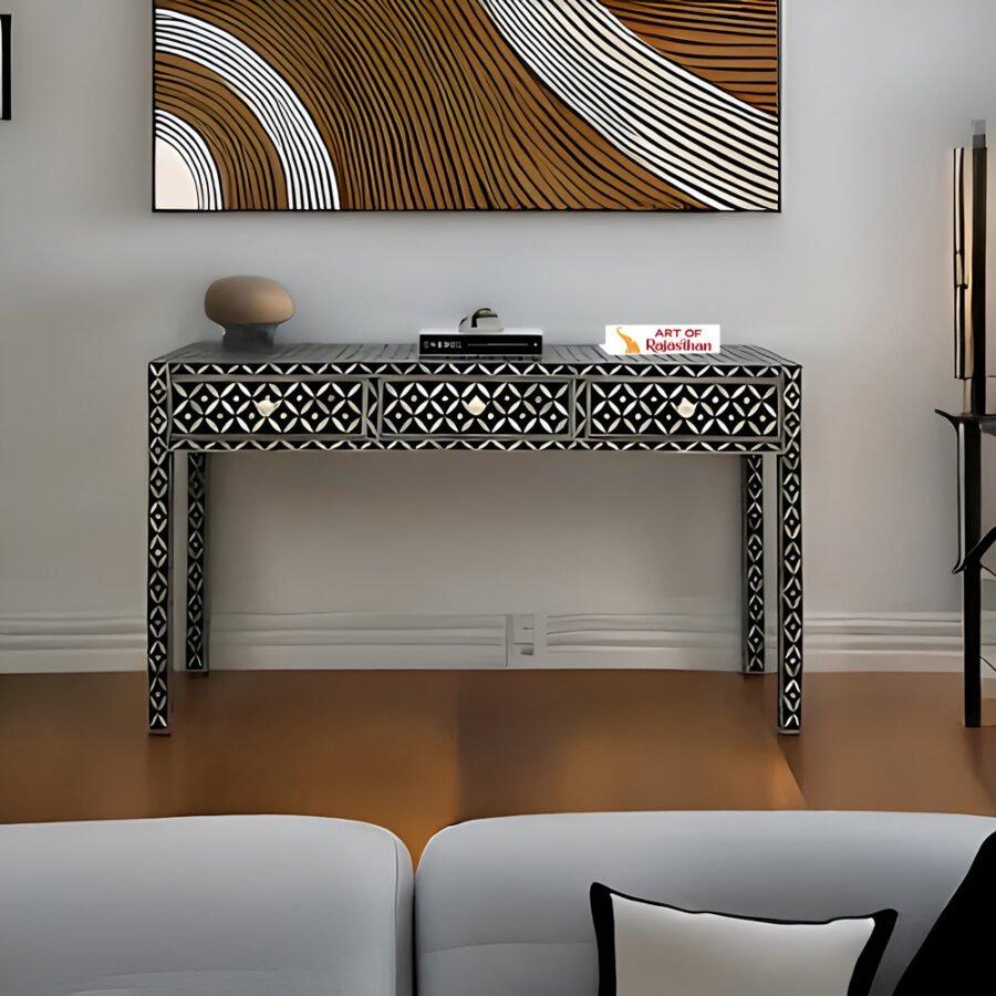 Bone Inlay 3 Drawers Console Table – Elegant Diamond Black