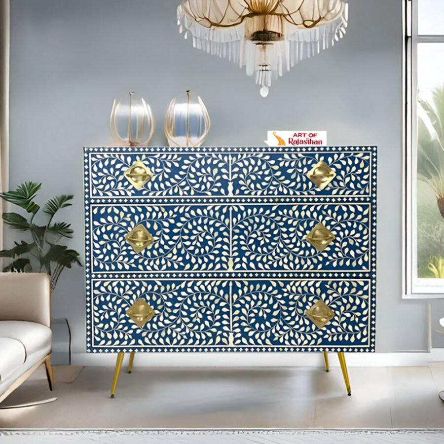 Mother of Pearl Inlay Chest of 3 Drawers - Floral Blue