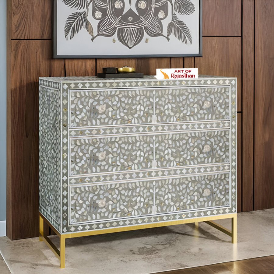 Mother of Pearl Inlay Chest of 3 Drawers - Floral Grey