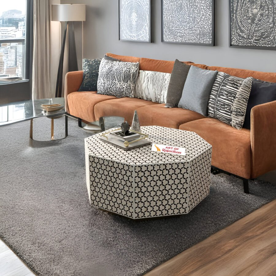 Bone Inlay Hexagon Coffee Table with Metal Base - Targua