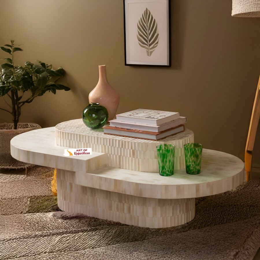 Elegant Bone Inlay Oval Shape Coffee Table - Layered Mosaic