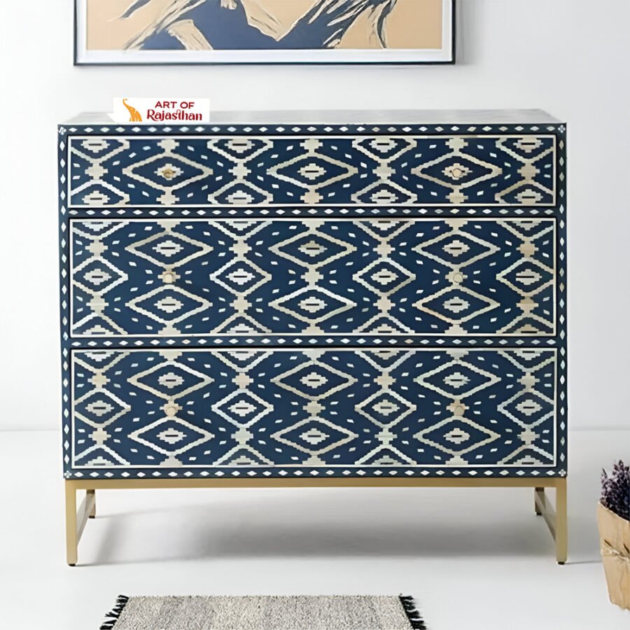 Bone Inlay Chest of Drawers - Ikkat Indigo
