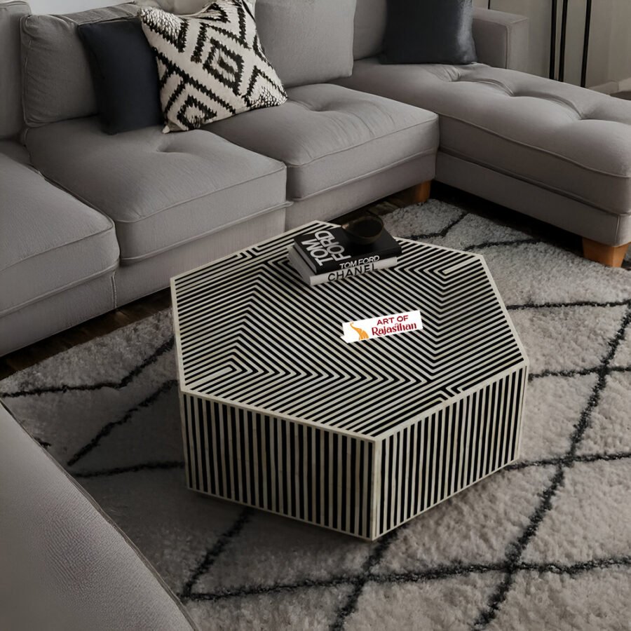 Bone Inlay Hexagon Coffee Table with Metal Base – Optical Illusion