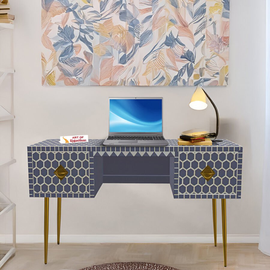 Bone Inlay Study Table/Desk - Honeycomb Grey