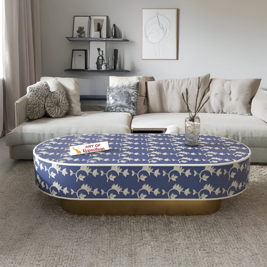 Bone Inlay Oval Shape Coffee Table with Metal Base – Overlay Floral