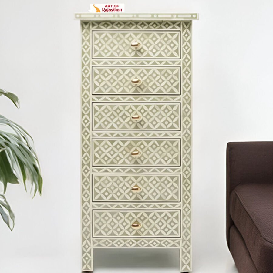 Bone Inlay Tallboy Chest of 6 Drawers - Teal Green Diamond