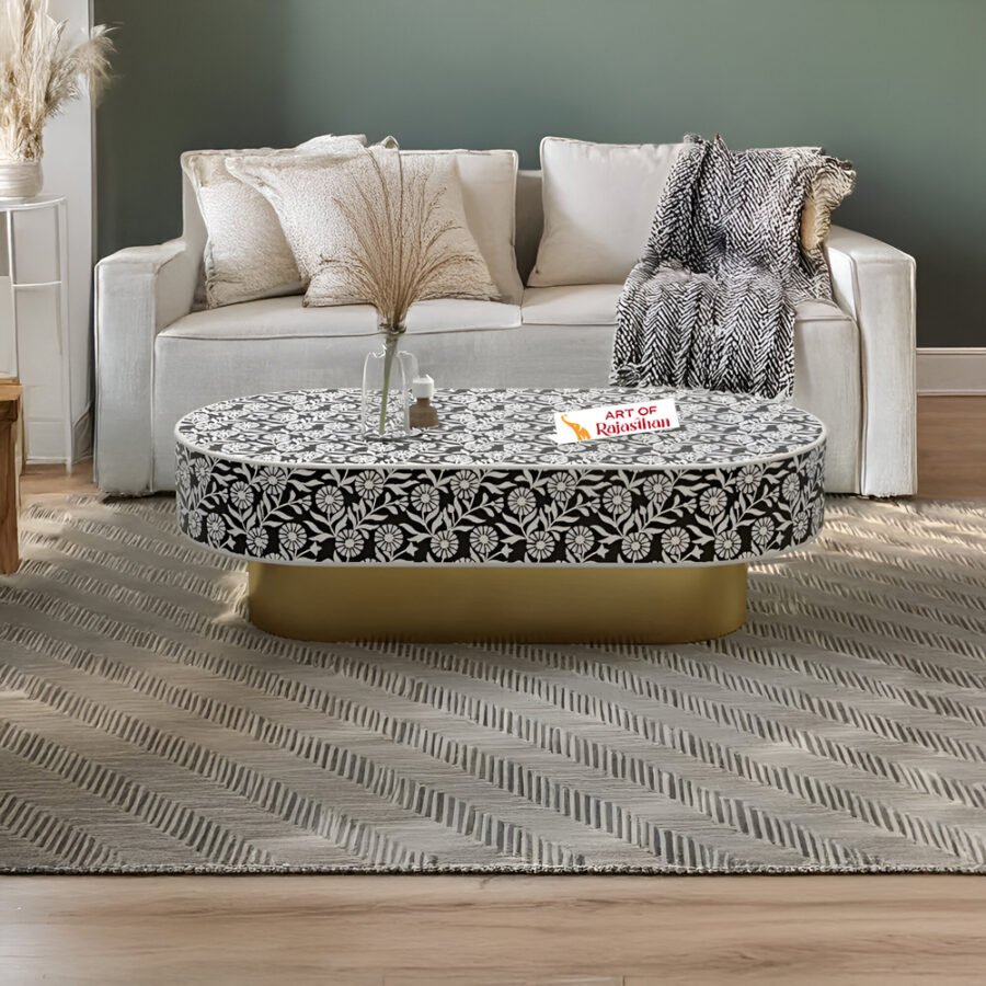 Bone Inlay Oval Shape Coffee Table with Metal Base – Sunflower