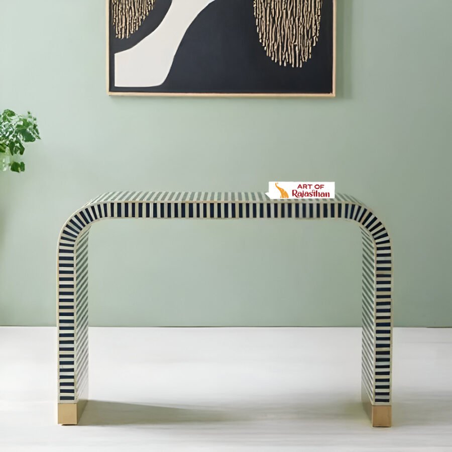 Bone Inlay Waterfall Console Table - White and Blue Stripe