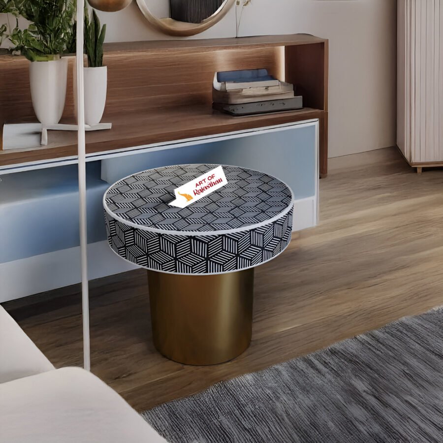 Bone Inlay Round Side Table with Metal Base - Geo