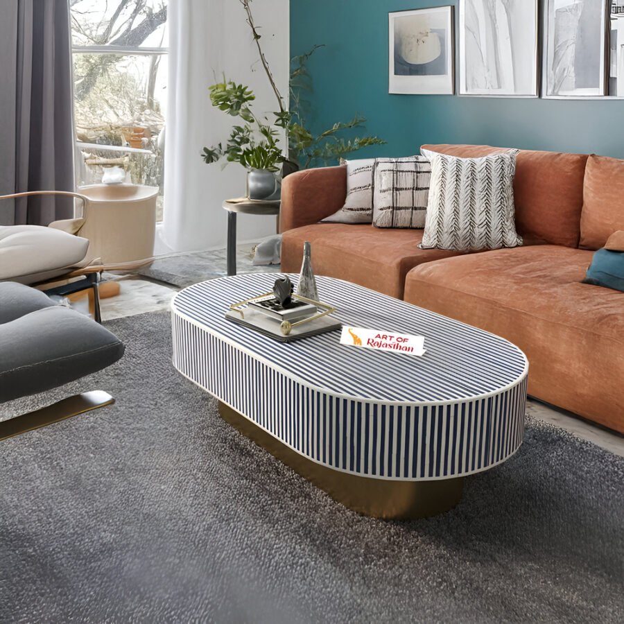 Bone Inlay Oval Shape Coffee Table with Metal Base – Waterfall