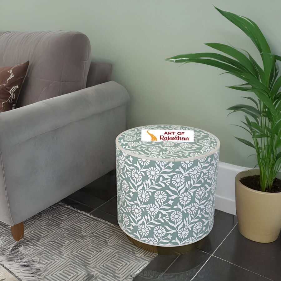 Bone Inlay Drum Side Table with Metal Base – Sunflower