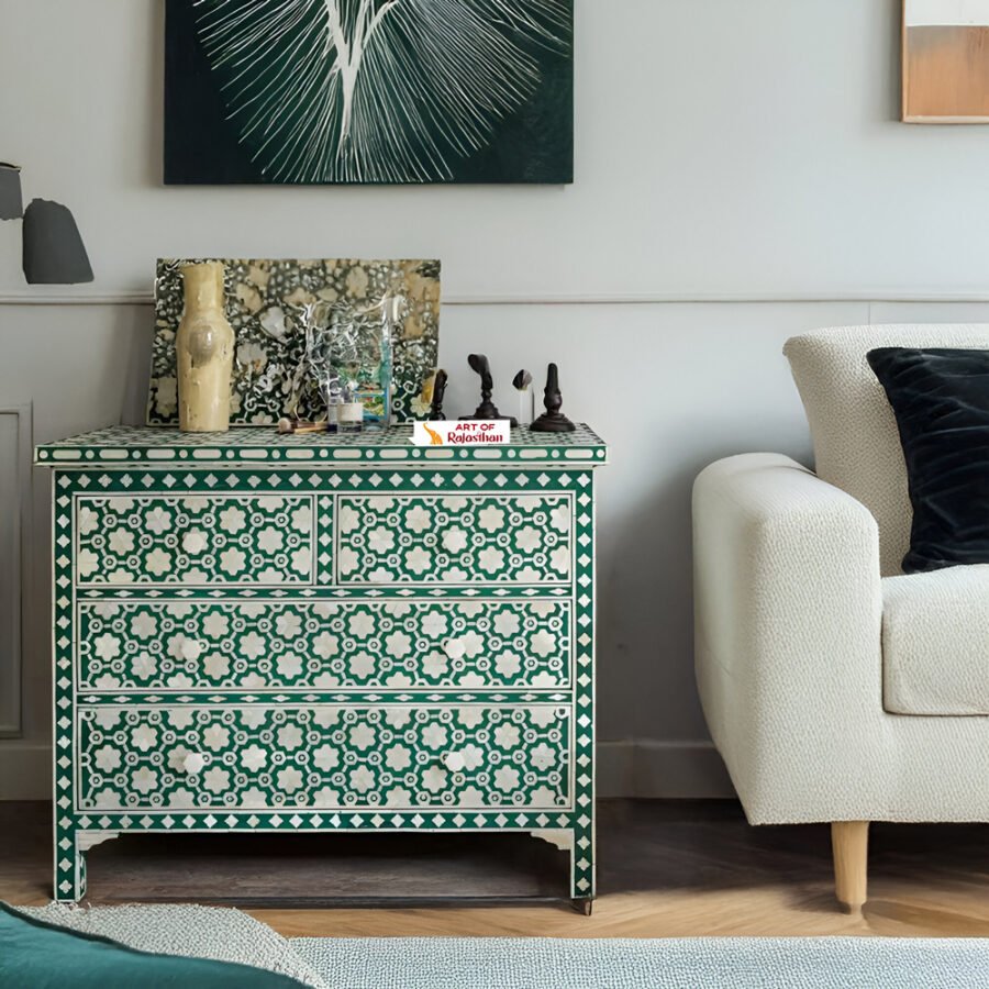 Mother of Pearl Inlay Chest of 2 Drawers - Teal Green Floral