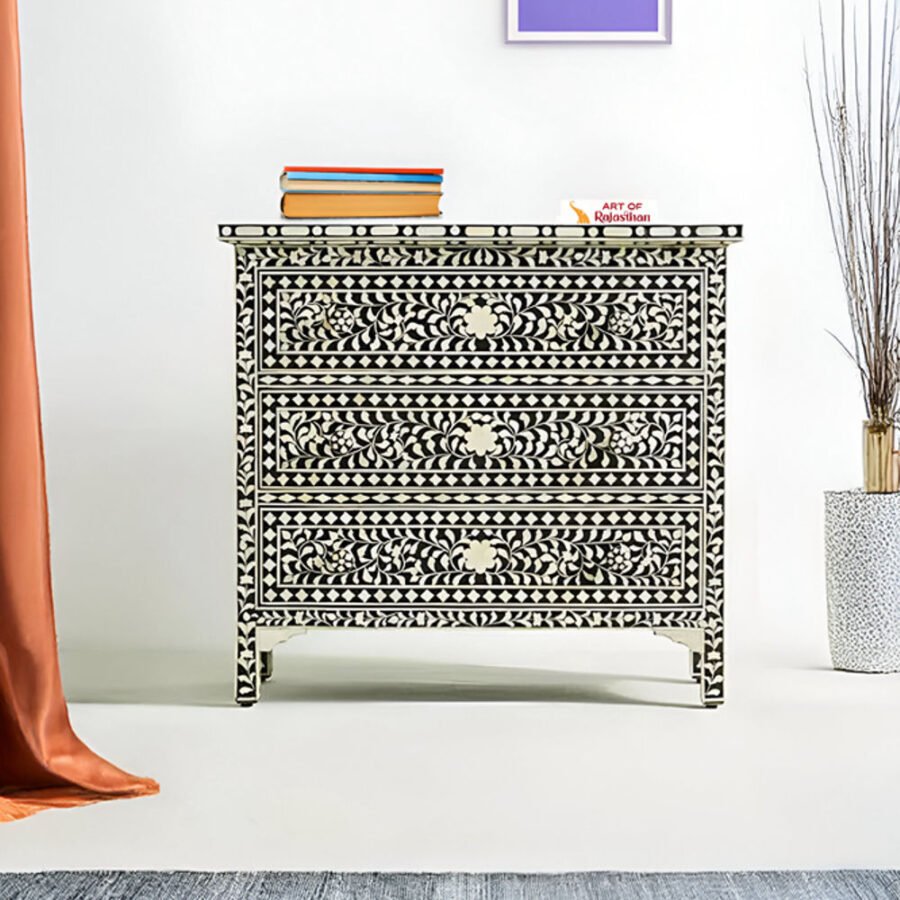 Bone Inlay Chest of 3 Drawers - Floral Black & White