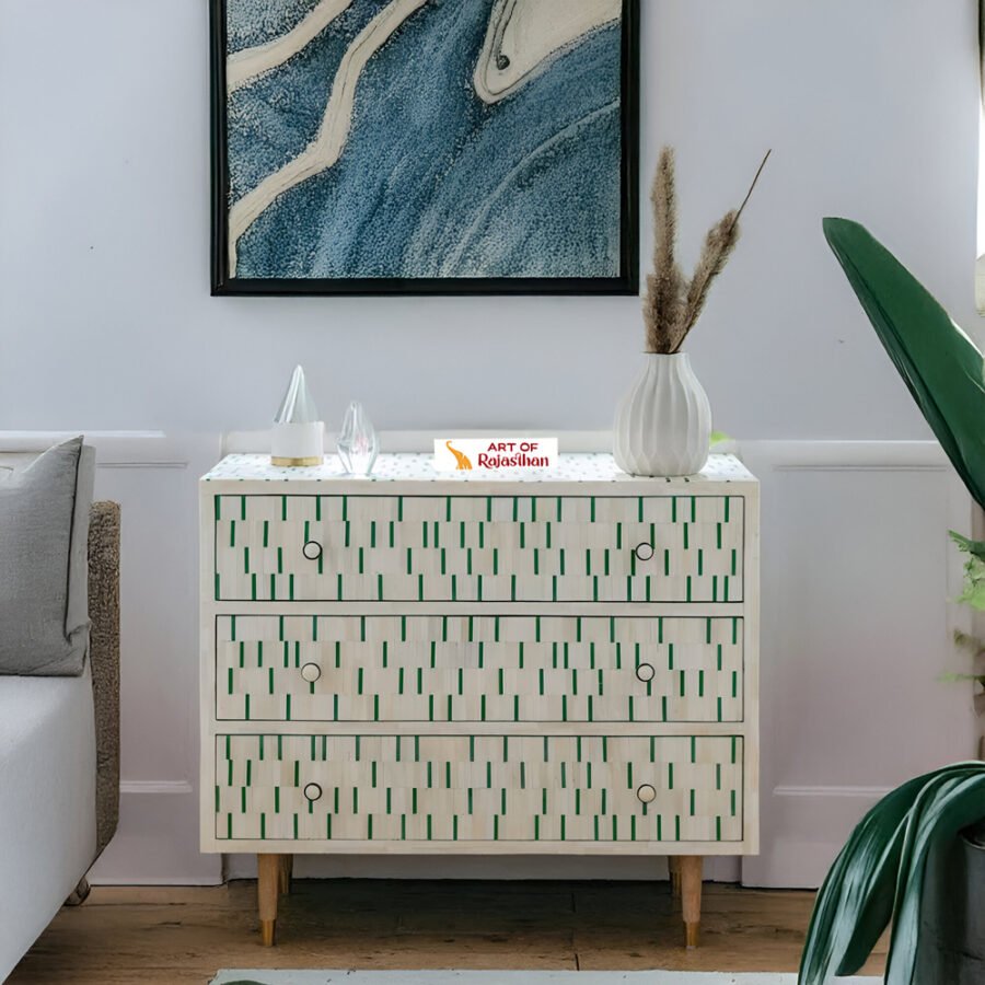 Bone Inlay Chest of 3 Drawers - Green Stripe