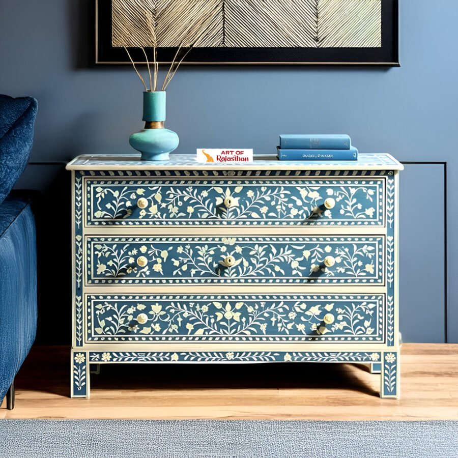 Bone Inlay Chest of 3 Drawers - Floral Aesthetic Blue