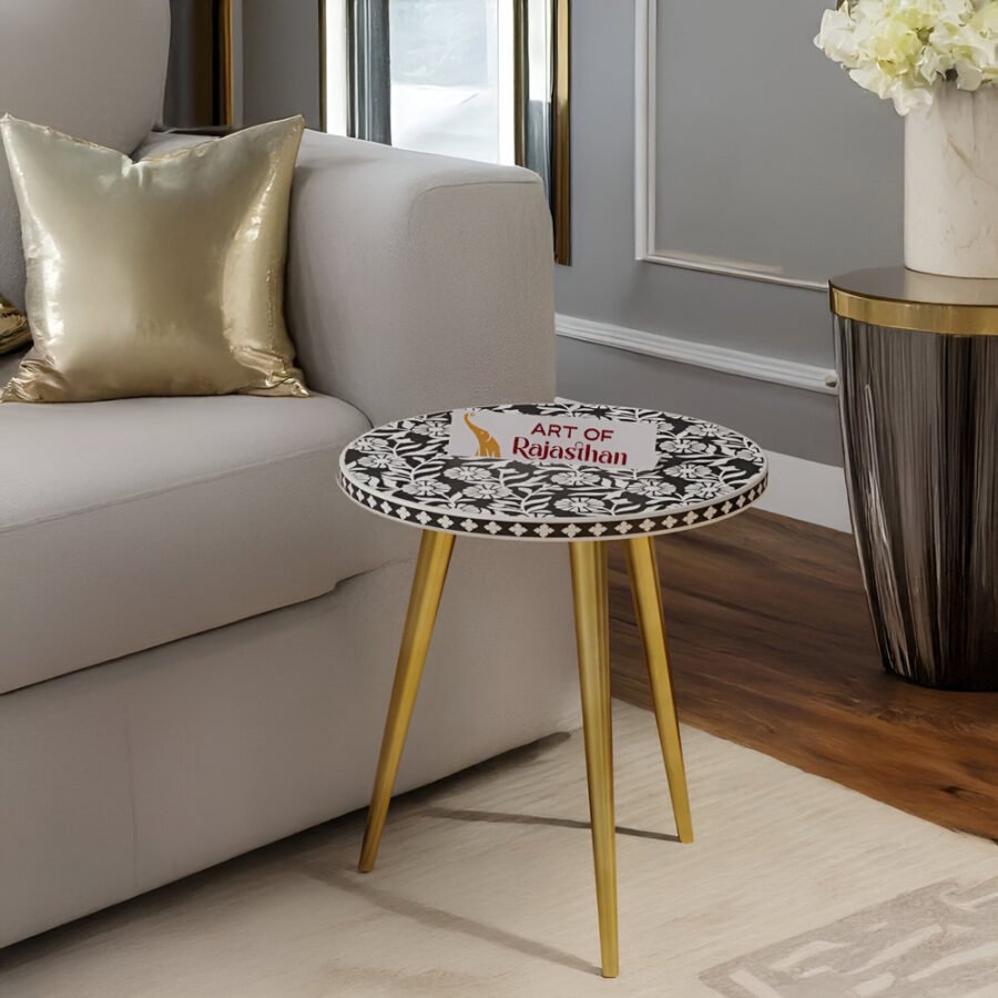Bone Inlay Round Side Table with Three Metal Legs – Sunflower