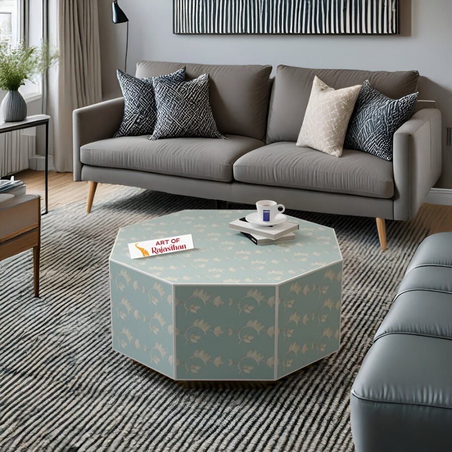 Bone Inlay Hexagon Coffee Table with Metal Base – Overlay Floral