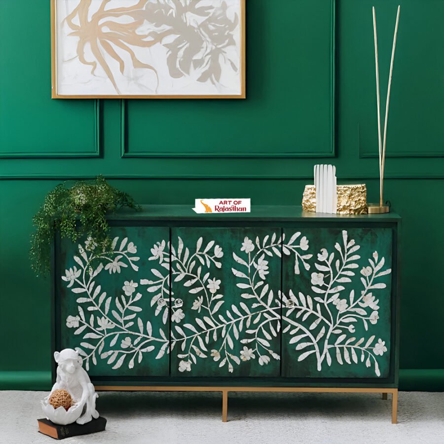 Mother of Pearl Inlay Storage Cabinet - Floral Green
