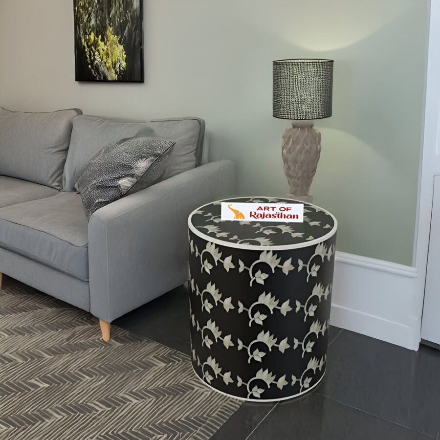 Bone Inlay Drum Side Table - Overlay Floral