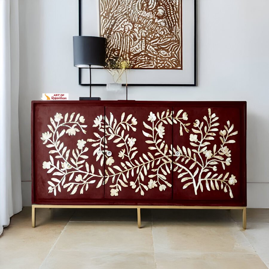 Mother of Pearl Inlay Storage Cabinet - Floral Burgundy