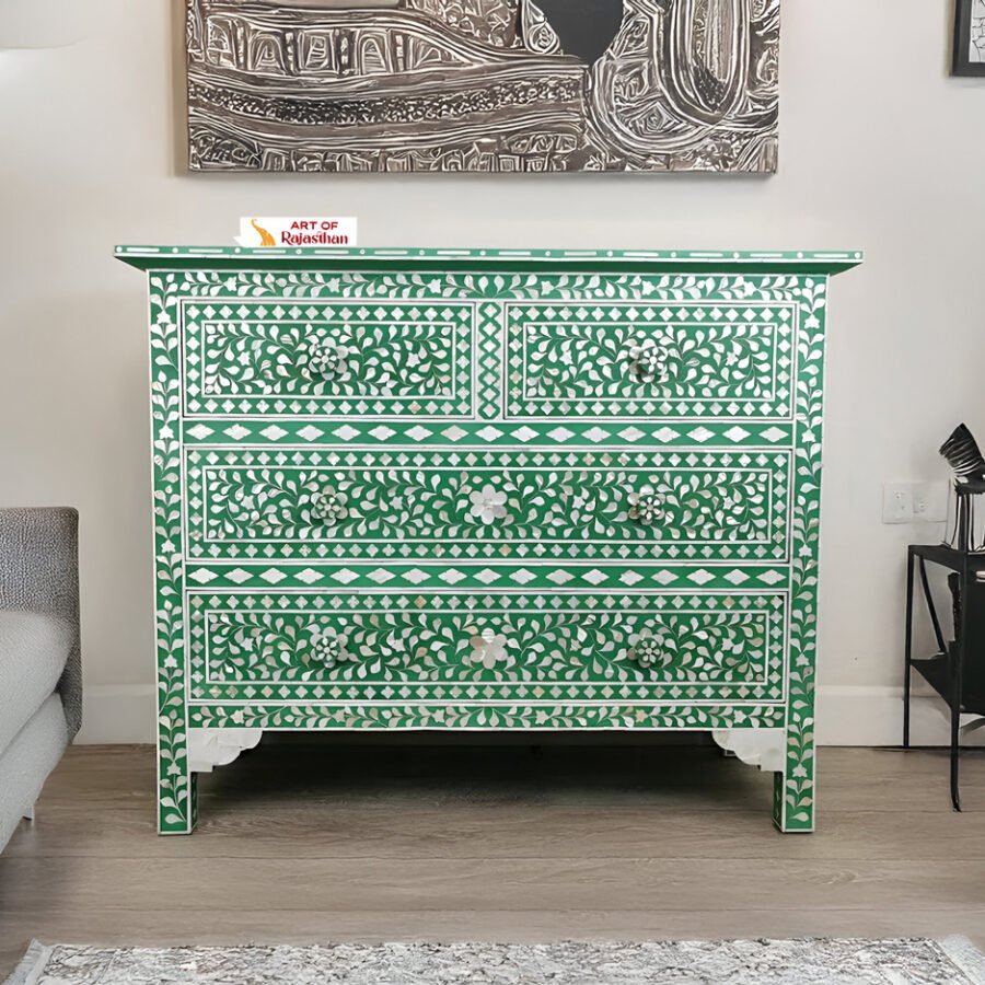 Mother of Pearl Inlay Chest of 4 Drawers - Floral Green