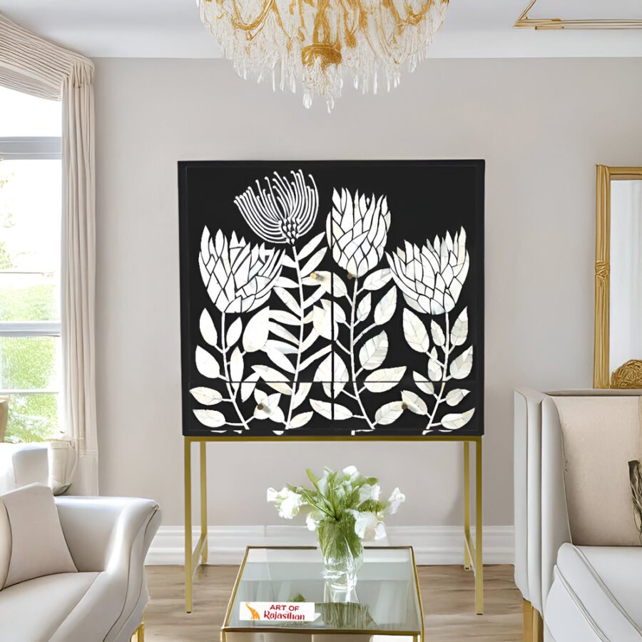 Bone Inlay Storage Cabinet - Lotus Floral