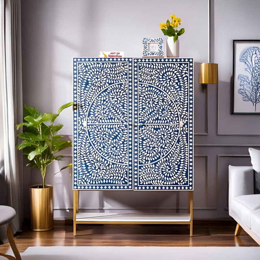 Mother of Pearl Inlay Bar Cabinet - Floral Blue