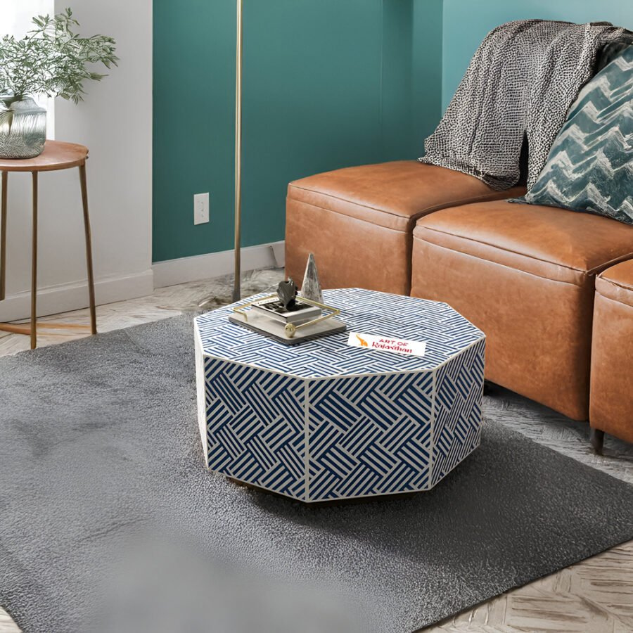 Bone Inlay Hexagon Coffee Table with Metal Base – Chevron