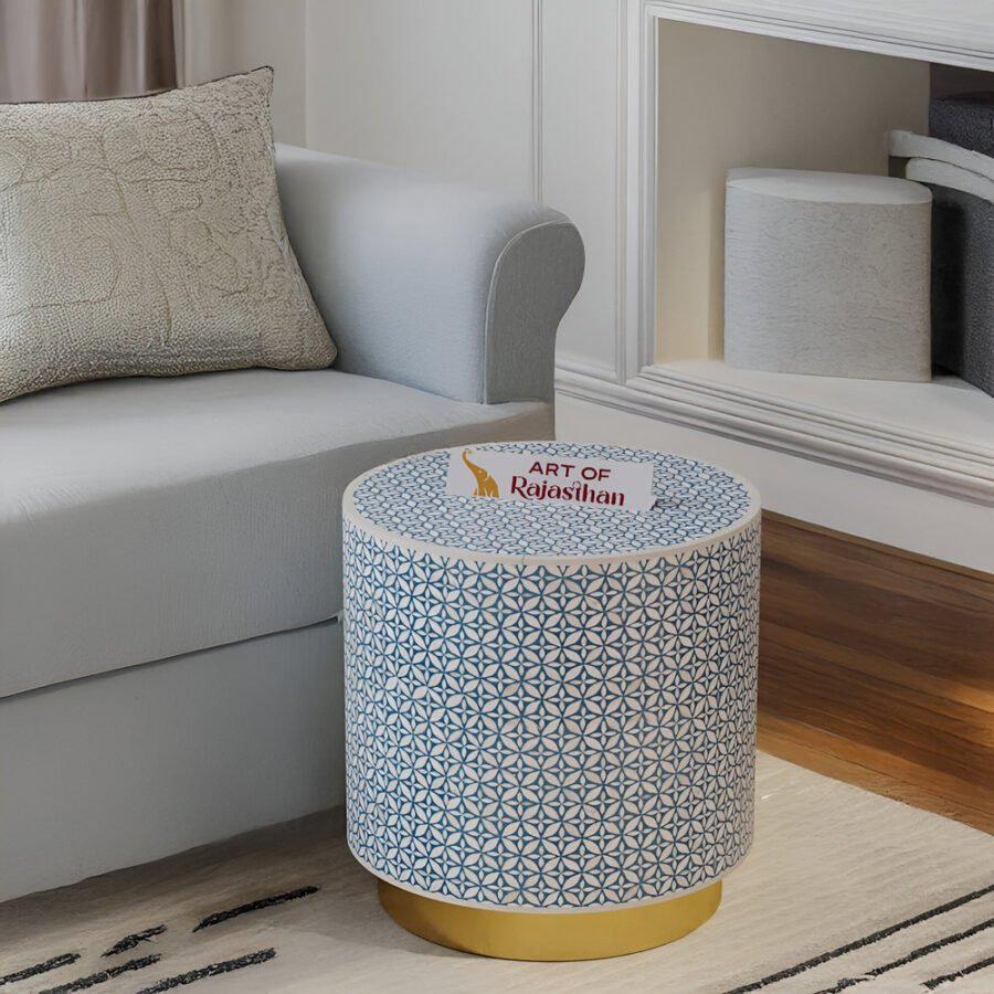 Bone Inlay Drum Side Table with Metal Base - Diamond Floral