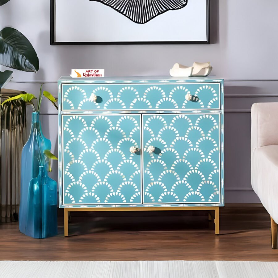 Bone Inlay Storage Cabinet - Charm sun Teal Blue