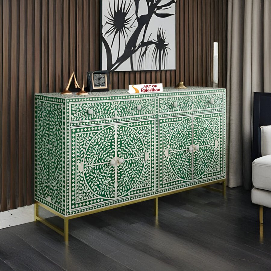Elegant Mother of Pearl Inlay Sideboard - Floral Green