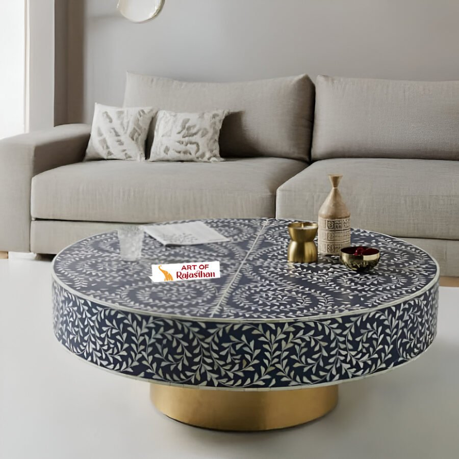 Bone Inlay Round Coffee Table with Metal Base - Indigo Floral