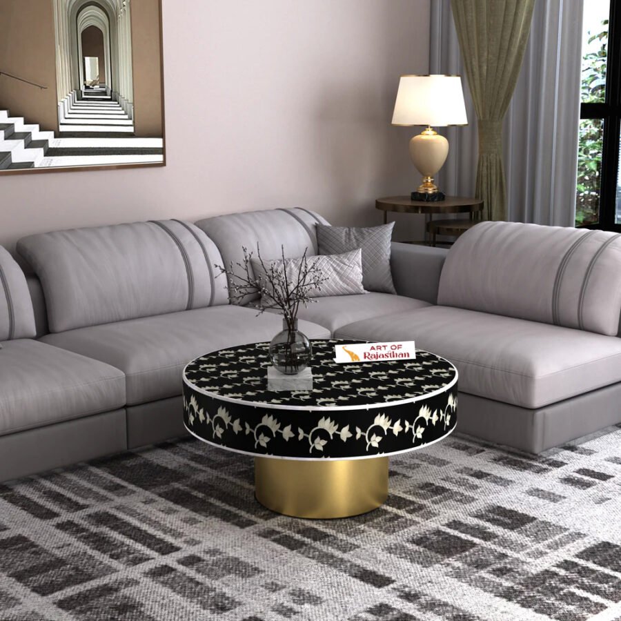 Bone Inlay Round Coffee Table with Metal Base - Overlay Floral