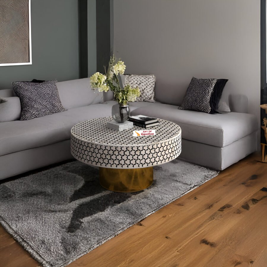 Bone Inlay Round Coffee with Metal Base - Targua