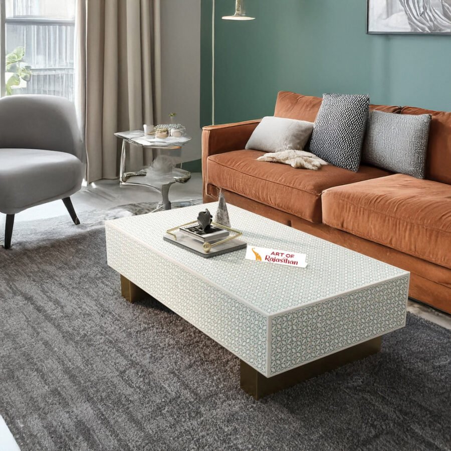 Bone Inlay Rectangular Coffee Table - Geometric Floral