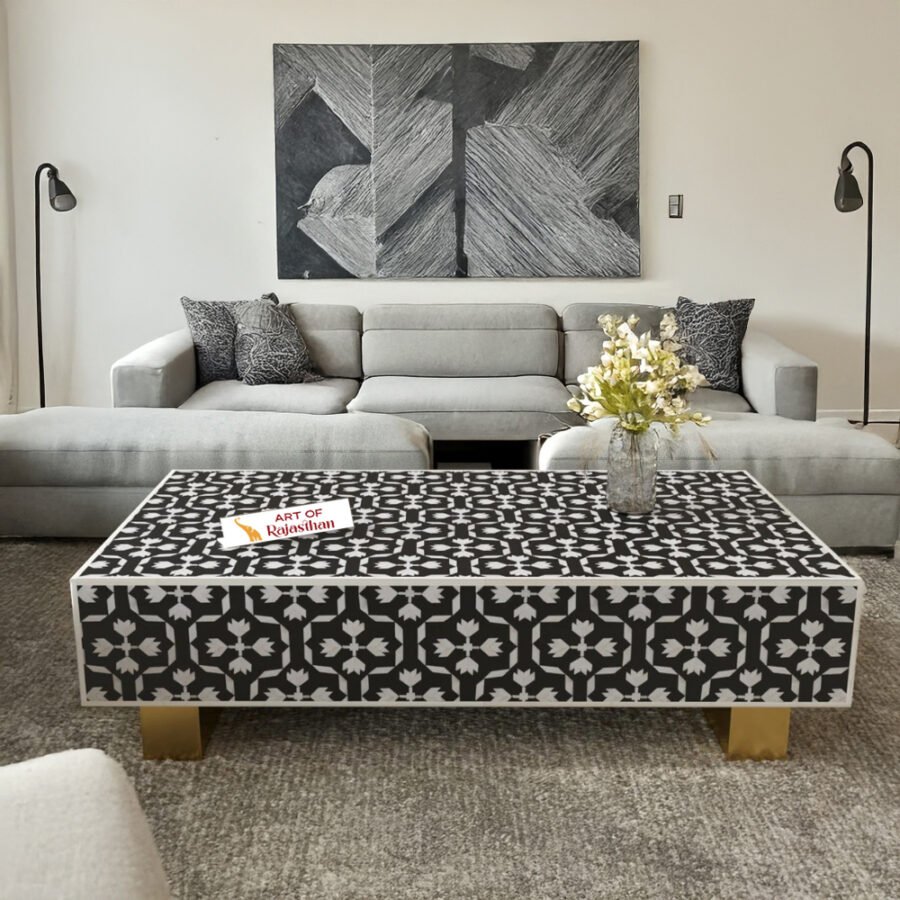 Bone Inlay Rectangular Coffee Table - Lotus Floral