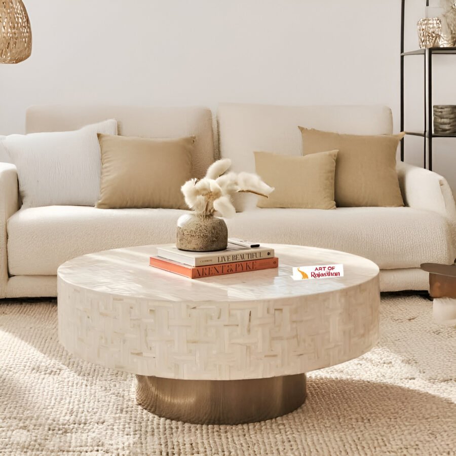 Bone Inlay Round Coffee Table with Metal Base - Ivory Aura
