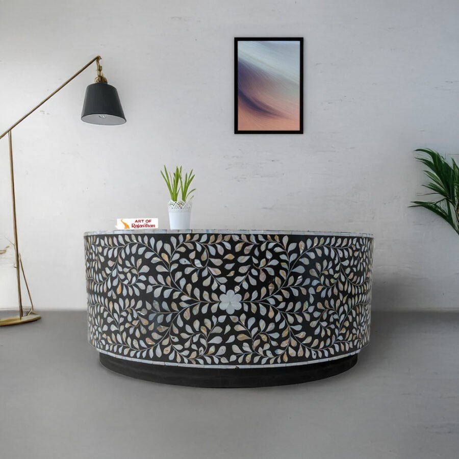 Bone Inlay Round Coffee Table with Metal Base - Floral