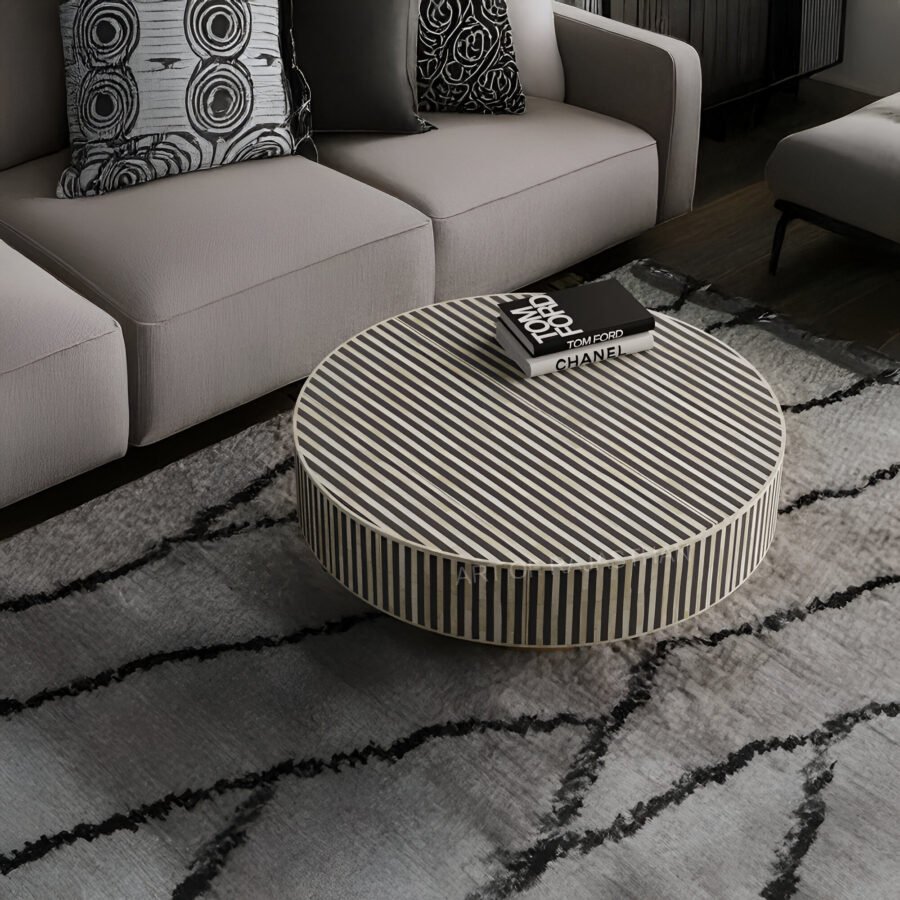 Bone Inlay Round Coffee Table with Metal Base - Waterfall