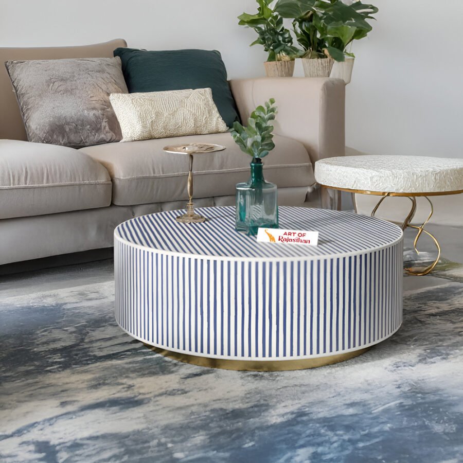 Bone Inlay Round Coffee Table with Metal Base - Waterfall