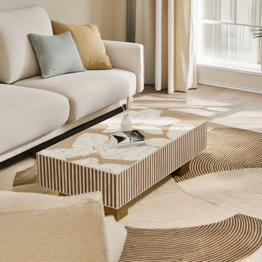 Bone Inlay Rectangular Coffee Table - Hibiscus Flower