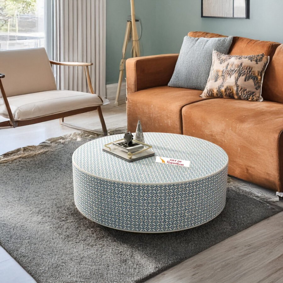 Bone Inlay Round Coffee Table with Metal Base - Diamond Floral